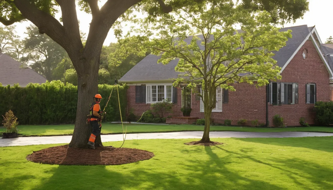 A residential tree being carefully taken down near a home in Winston-Salem