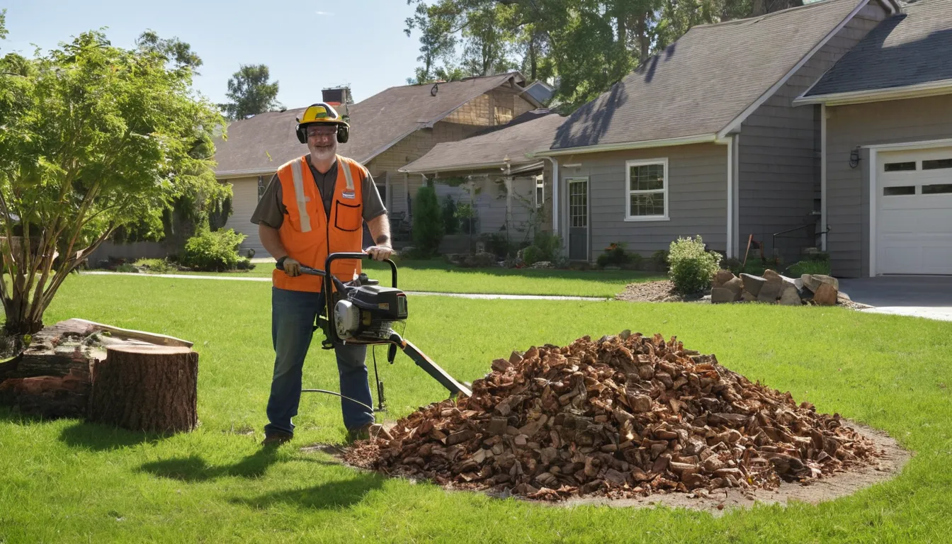 Stump grinder cutting an old tree stump in a home yard in Winston-Salem